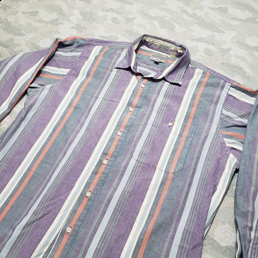 Vintage American Hero Shirt Mens Large‎ Purple Striped Long Sleeve Button Up...